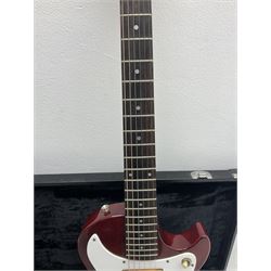 Gibson Marauder style six-string electric guitar with cherry coloured body, marked made in Japan L101cm; in locking hard carry case