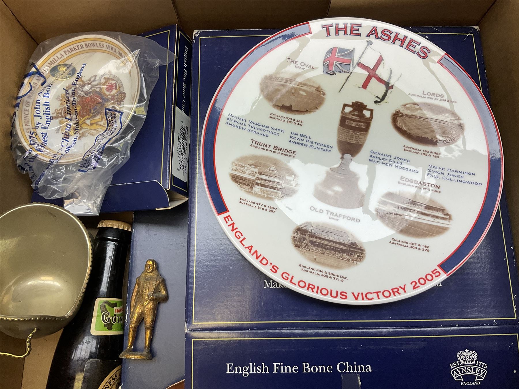 Wedgwood green jasperware trinket box, together with boxed Aynsley 'the Ashes England's  Glorious Victory 2005' plate, commemorative wares, ginger jars and other ceramics, in two boxes 