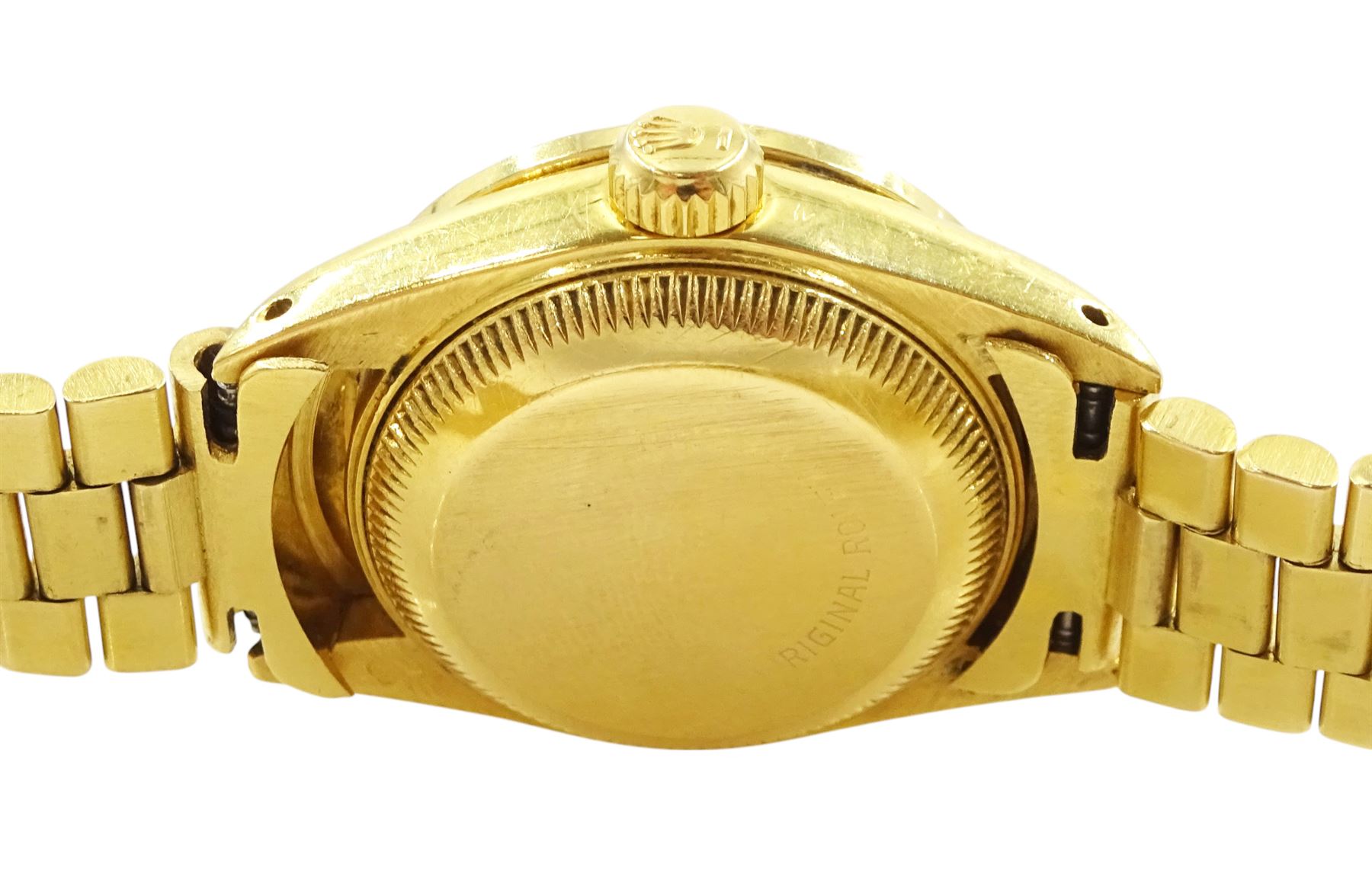 Rolex Oyster Perpetual Datejust ladies 18ct gold automatic wristwatch, circa 1983, Ref. 69178, serial No. 8058240, champagne dial diamond dot hour markers and outer diamond ring, after market diamond set bezel and lugs, on 18ct gold President bracelet, set with after market diamonds, with AIGL report and additional links