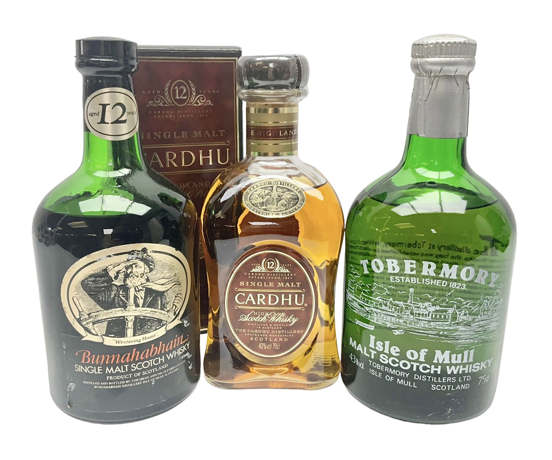 Tobermory Isle of Mull, malt Scotch whisky, Bunnahabhain 12 year old, single malt Scotch whisky and Cardhu 12 year old Scotch whisky, various contents and proof