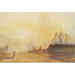 Dora HM Jarvis (19th century): Fisherfolk on the Shore at Sunset, watercolour signed 22cm x 33cm