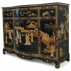 Late 20th century Chinese black lacquered sideboard, serpentine front fitted with three baize-lined drawers over four panelled cupboard doors, decorated throughout with gilt and polychrome figural and landscape scenes, on shaped apron and bracket feet 