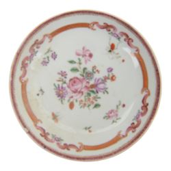 Amsterdam bont teapot, decorated with a basket of flowers, together with two Amsterdam bont saucers of similar design and five other saucers  