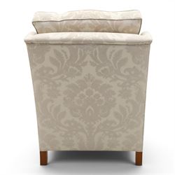Duresta England - armchair upholstered in beige damask fabric, with deep seat and button back, loose seat cushions with scrolled arms, raised on brass castors