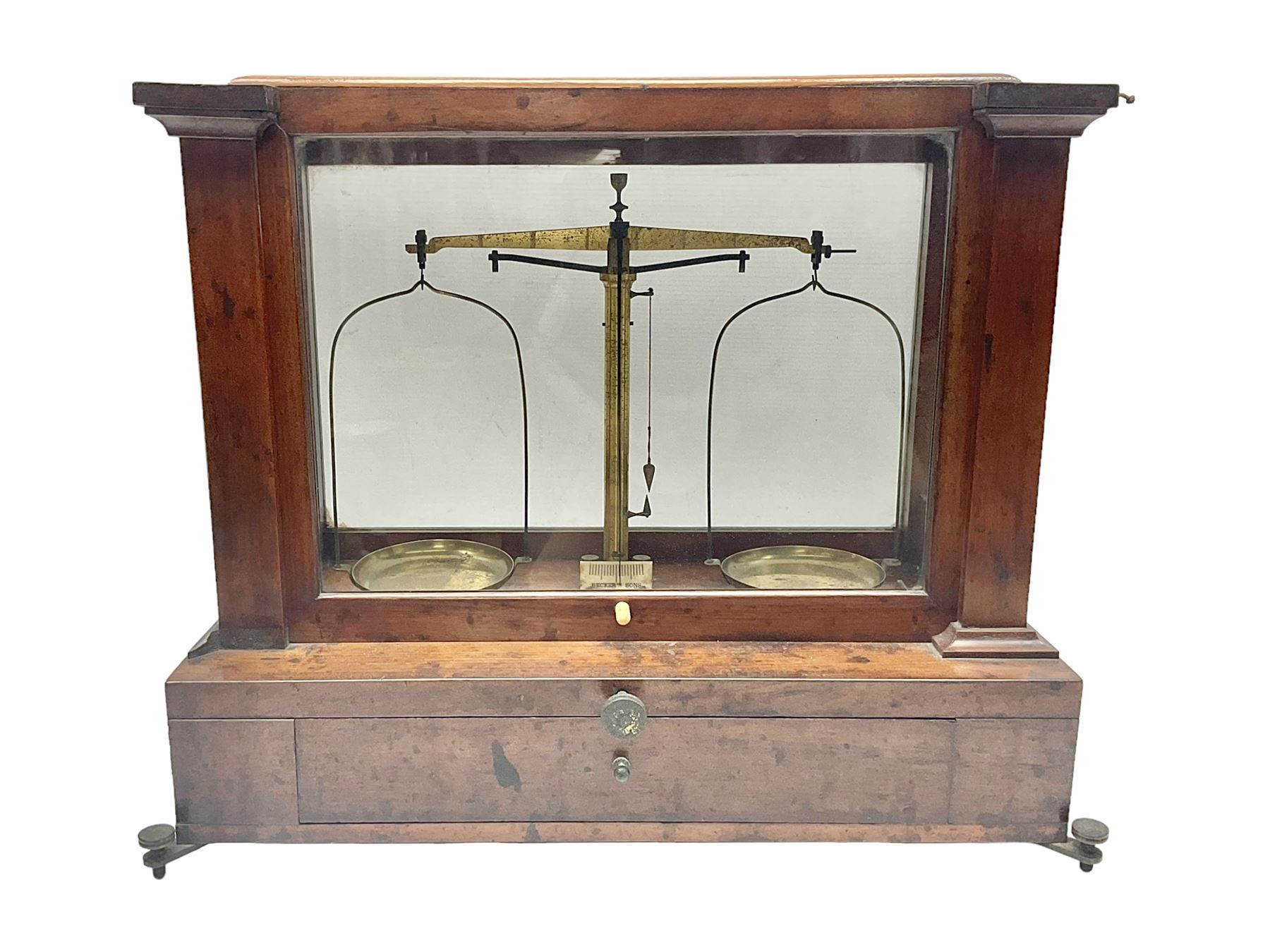 19th century Beckers & Sons, Rotterdam, mahogany cased scales and weights, H34cm 