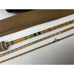 Collection of fishing memorabillia and equipment, including an Allcocks three piece split cane trout fly rod, Shakespeare Salt 3600 surf rod, two tackle bags, Old Red Seastreak multiplier reel, Sportext Saltwater fixed spool reel, fishing dvds, etc