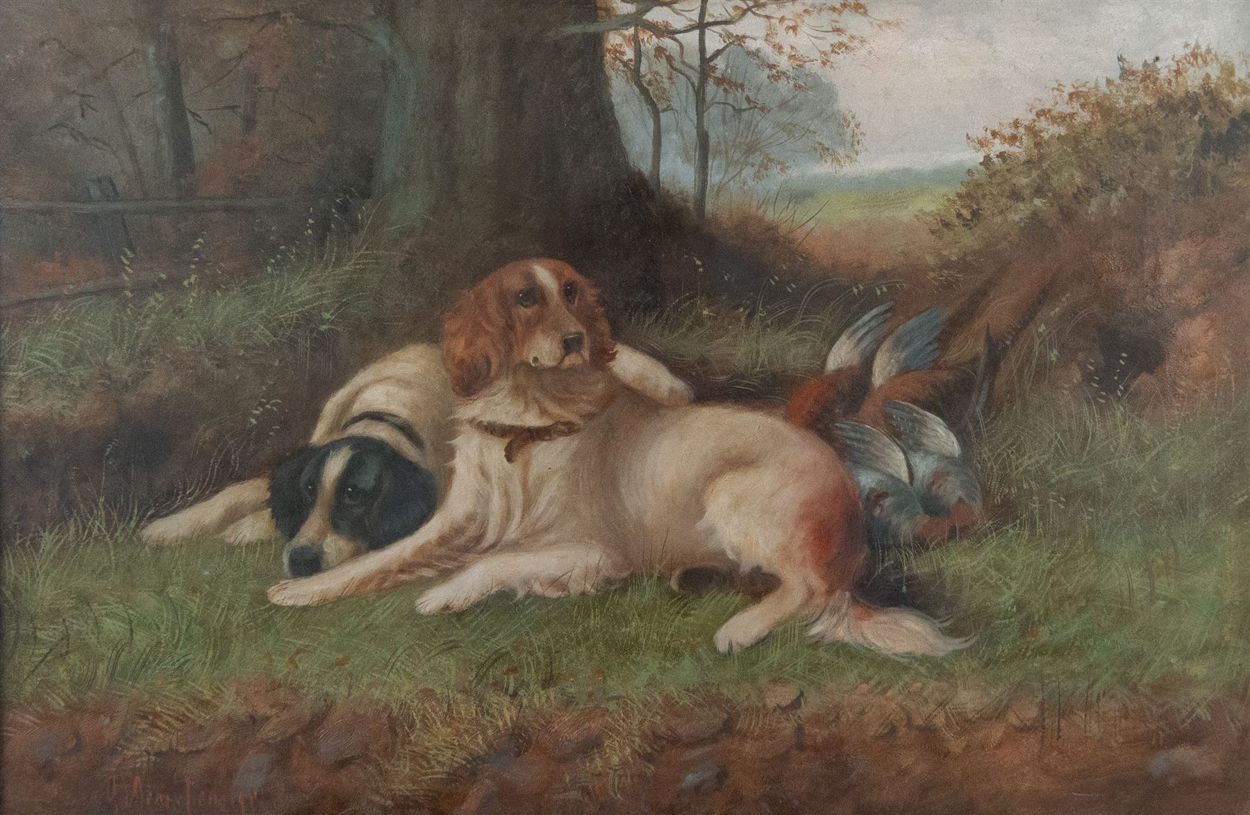 Armstrong (British 19th/20th Century): Two Gun Dogs Waiting, oil on canvas indistinctly signed, in carved gilt frame 39cm x 59cm 