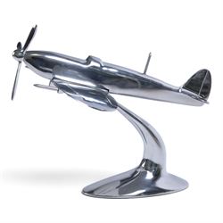 Modern polished metal model of a Spitfire, H36cm