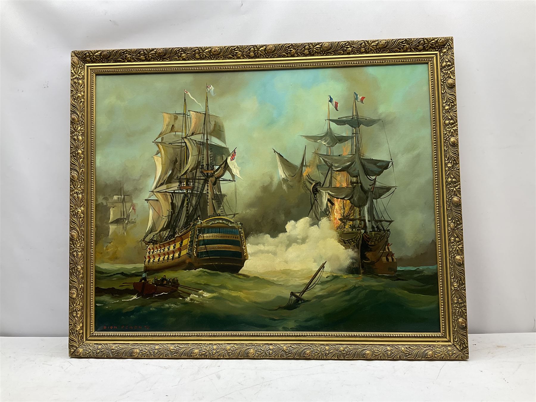 Dion Pears (British 1829-1985): French and British Men O' War, oil on canvas signed 70cm x 90cm