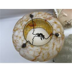 Two Art Deco mottled glass fly catcher ceiling light shades, together with two other 1930s moulded glass ceiling light shades and two Victorian style wash jugs, largest shade D33cm