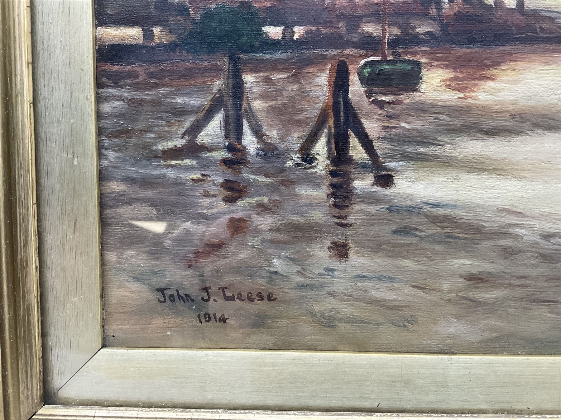 John L Leese (Early 20th century): Dutch Waterway with Windmills, oil on canvas signed and dated 1914, 30cm x 45