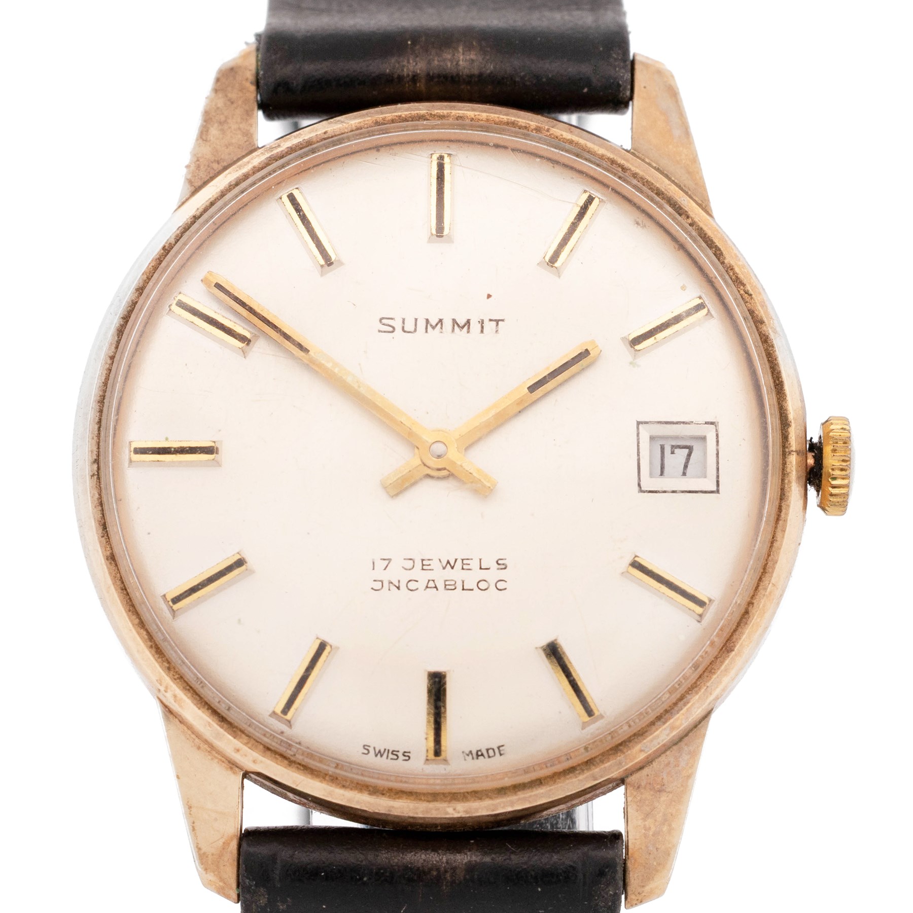 Summit gentleman's 9ct gold manual wind wristwatch, silvered dial with baton hour markers and date aperture, London 1974, on black leather strap