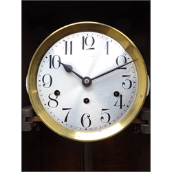  Early 20th century oak cased wall clock, triple train driven Westminster chiming movement, H75cm  