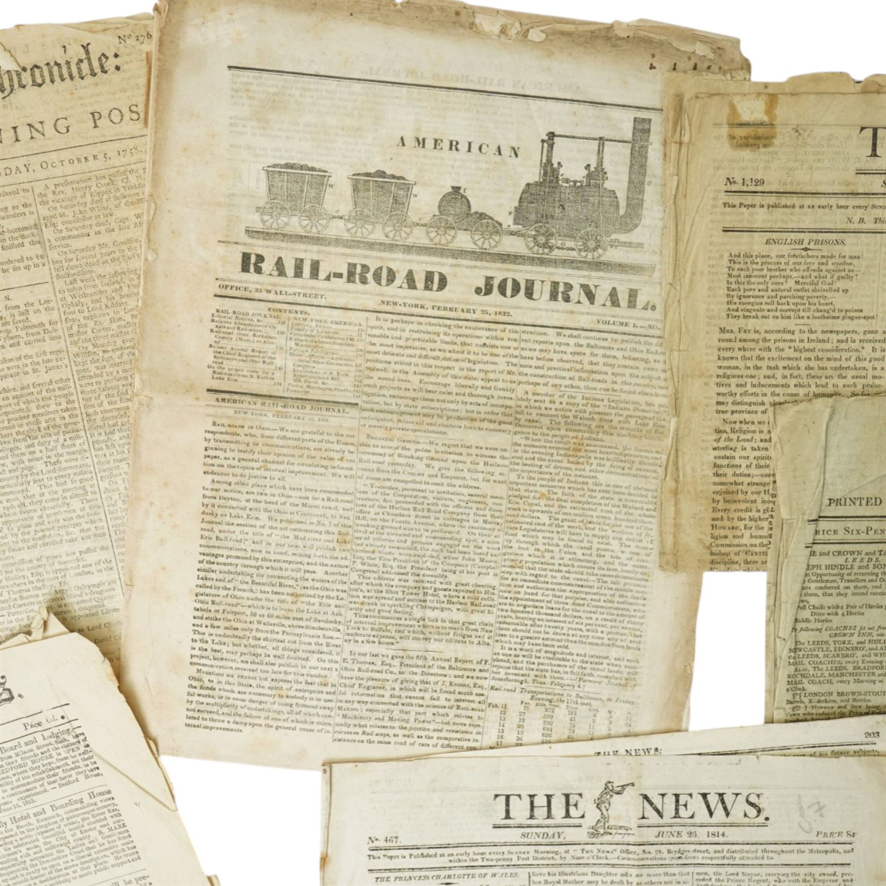 Collection of 18th and 19th century newspapers including Kentish Gazette 1773, five copies of The London Chronicle 1758-1762, Morning Chronicle 1779 and various others and a copy of American Rail-Road Journal 1832 (21)