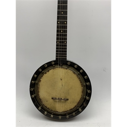 Early 20th century five-string banjo with ebonised frame and walnut neck, the headstock with engraved nickel plated mounts, impressed No.44A, L91cm