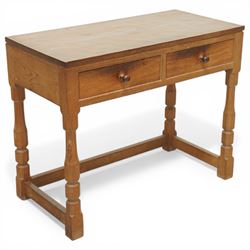 Mouseman - oak side table, rectangular adzed top, fitted with two drawers with turned wood...