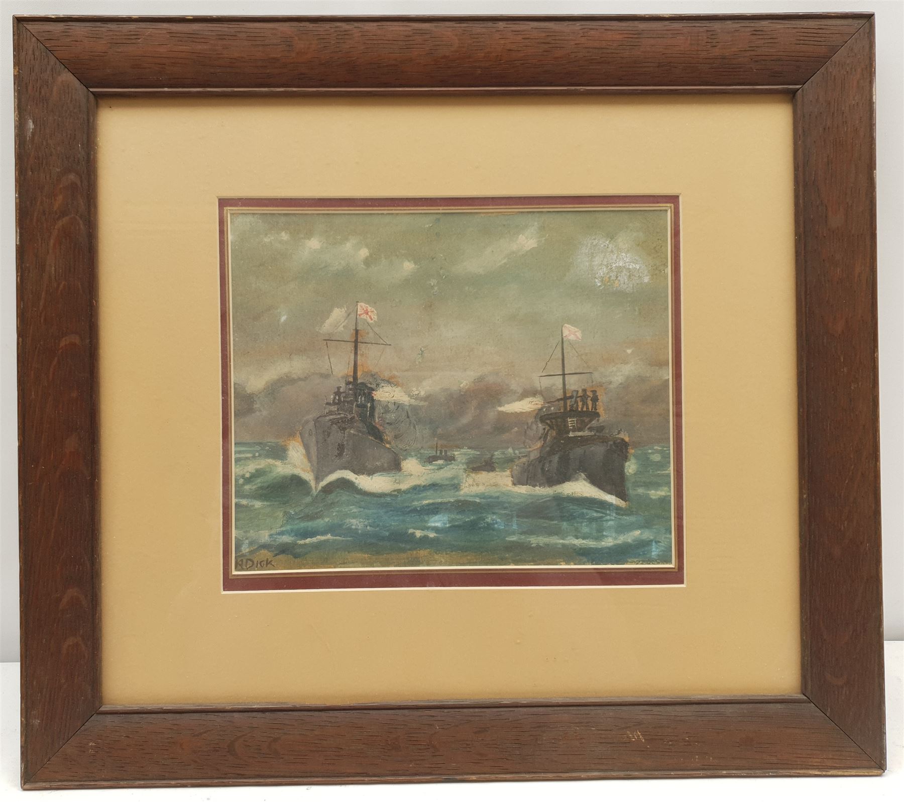 K Dick (British 19th/20th century): 'The Battle of Tsushima' 27th May 1905, scene from the Russo-Japanese War, watercolour signed, biographical information verso 18cm x 22cm