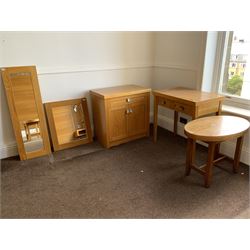 Light oak side cabinet, side table, two mirrors and oval table- LOT SUBJECT TO VAT ON THE HAMMER PRICE - To be collected by appointment from The Ambassador Hotel, 36-38 Esplanade, Scarborough YO11 2AY. ALL GOODS MUST BE REMOVED BY WEDNESDAY 15TH JUNE.