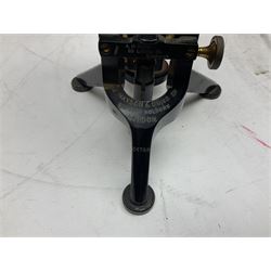 19th century brass and black japanned monocular microscope by W. Watson & Sons Ltd. 313 High Holborn, London serial no.24788 with rack and pinion focussing on tripod base H31cm; in fitted mahogany case retailed by A.H. Baird Scientific Instrument Makers Edinburgh; quantity of additional lenses and accessories; together with another similar uncased monocular microscope by W. Watson serial no.58379 (2)