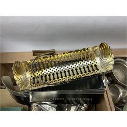 Quantity of silver plate and other metal ware, including sugar caster, tureens, serving dishes, pair of candelabra etc, in two boxes 