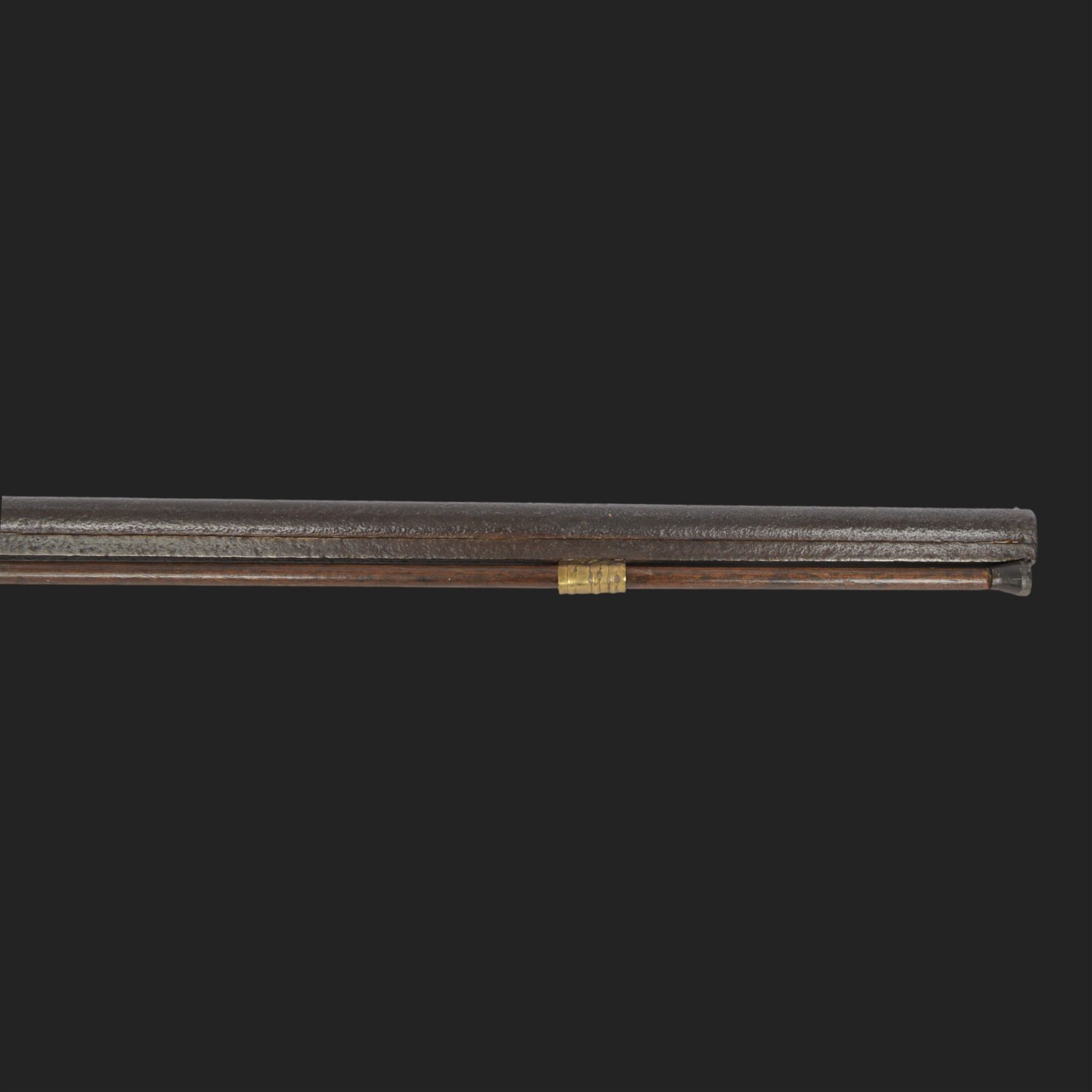 19th century muzzle loading British Naval percussion musket, the 39inch barrel with ramrod beneath, lock marked 1858, stock stamped with brass butt plate, overall L140cm  
