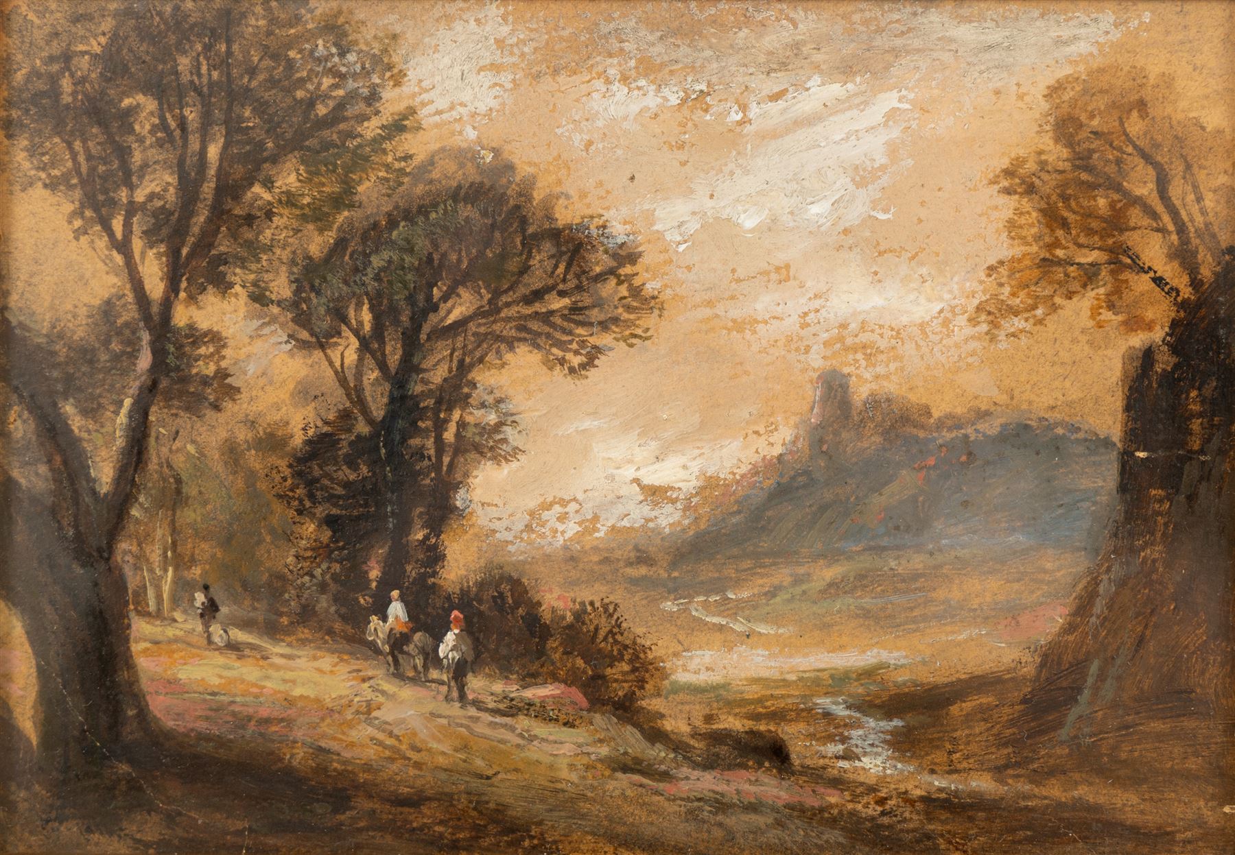 Attrib. James Duffield Harding (British 1798-1863): View of the East Yorkshire Coast, pencil unsigned 18cm x 27.5cm; Continental School (19th/20th century): Girl Underneath Archway, watercolour unsigned 24cm x 16cm and English School (19th/20th century): Horse Riders in a Forest Clearing, oil on board indistinctly signed 14cm x 20cm (3)