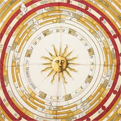 Hermes 'Astrologie' or 'Dies et Hore' silk scarf, in red and gold colourway, designed by Francoise Faconnet, 86cm x 86cm