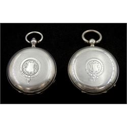 Victorian silver open face wound lever pocket watch by Adam Burdess, Coventry, No. 15072, case by Arthur Walker, London 1881and one other silver full hunter keyless lever pocket watch, No. 310633, case by The Lancashire Watch Co Ltd  Chester 1897, both with white enamel dials with Roman numerals and subsidiary seconds dials