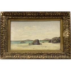 David James (British 1853-1904): Rocky Beach scene, oil on canvas signed and dated '85, 29cm x 49cm