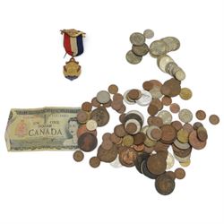 Great British and World coins, including pre 1947 silver one florins, pre-decimal coinage, German 1965 five mark coin etc, Canada one dollar note an RAOB Memorial Wing jewel