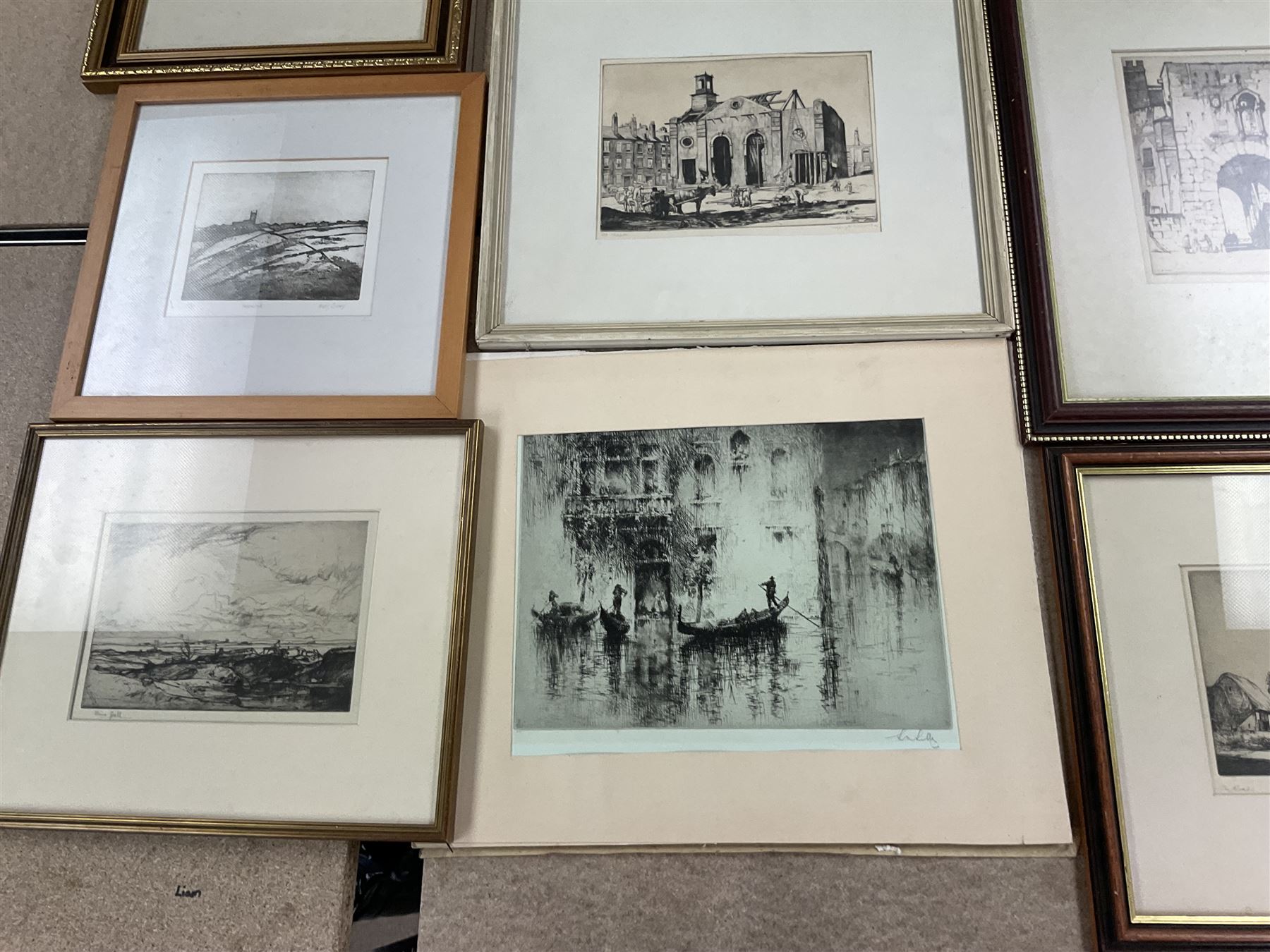 Collection of etchings, artists including Herbert Gordon Warlow, Henry Percy Huggill, David Robertson, Eliab George Earthrowl, Kevin Brown, Geoffrey Heath Wedgwood, Louis Conrad Rosenberg, Frank Brangwyn, Martin Hardie, John Shapland, Oliver Hall, Sydney Mackenzie Litten, Percy Lancaster, Willie Rawson, etc (18)