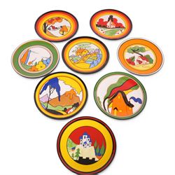 Collection of eight Wedgewood Clarice Cliff plates, comprising Red Roofs, House and Bridge...