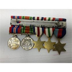 WW2 group of five medals comprising Defence Medal, 1939-1945, Italy Star, French and German Star and 1939-1945 star, with miniatures  