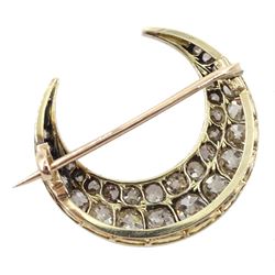 Victorian gold and silver diamond crescent brooch, set with two rows of graduated old cushion cut diamonds, the largest diamond weighing approx 0.40 carat