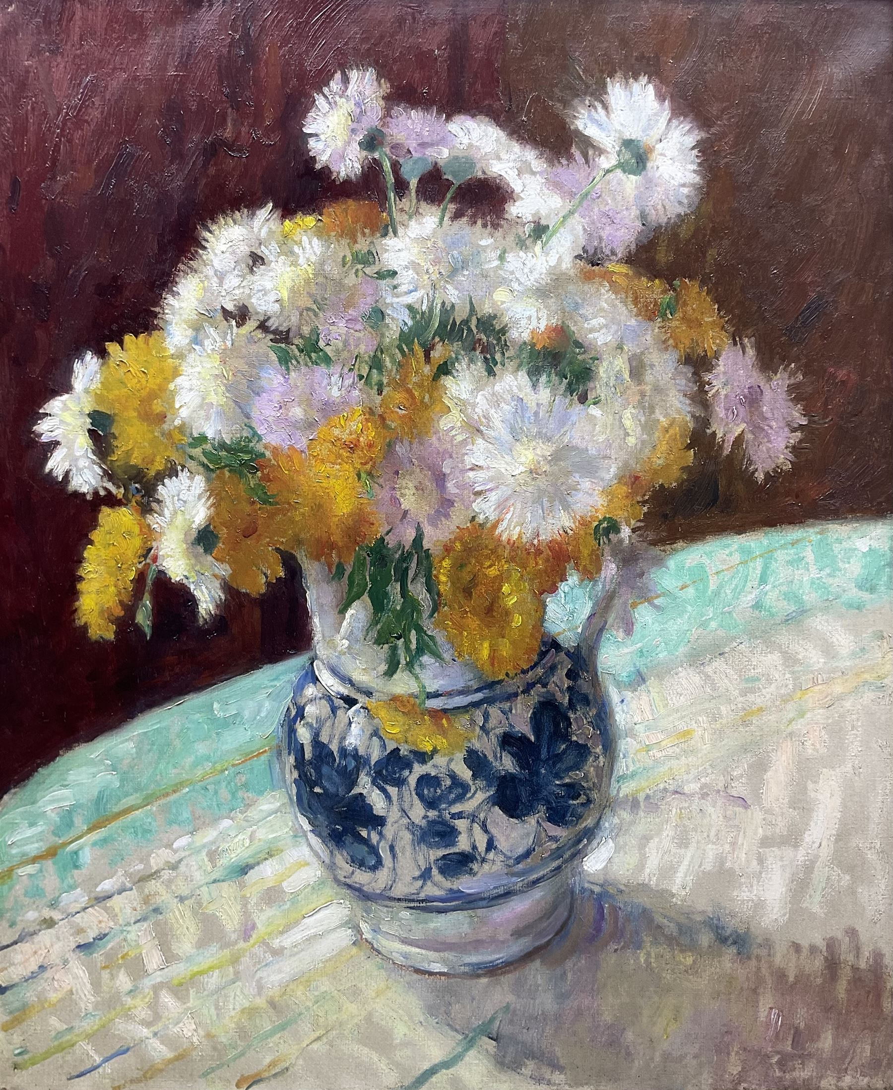 James Bolivar Manson (British 1879-1945): 'Sweet Sultans and Marigolds', oil on canvas unsigned, titled and dated 1945 in the artist's hand on label and on the stretcher verso, with James Bourlet & Sons label, 60cm x 50cm 
Notes: this is probably the artist's 1945 Royal Academy exhibit no.601, then titled 'Cornflowers and Marigolds' (sweet sultans being a variety of cornflower). The same jug depicted in the present picture can be seen in Manson's 1940 Royal Academy exhibit no.262 'Tulips and Daffodils'. The blue title label appears on a number of Manson's paintings.