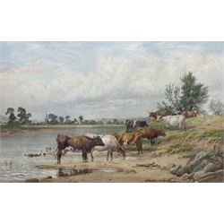 James Walsham Baldock (British 1825-1898): Cattle Watering in River, watercolour signed and dated 1880, 33cm x 52cm