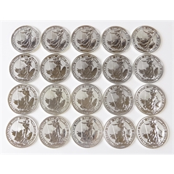  Twenty Queen Elizabeth II one troy ounce fine silver Britannias eight dated 2017 and twelve dated 2018, housed in a Royal Mint storage tube (20)  