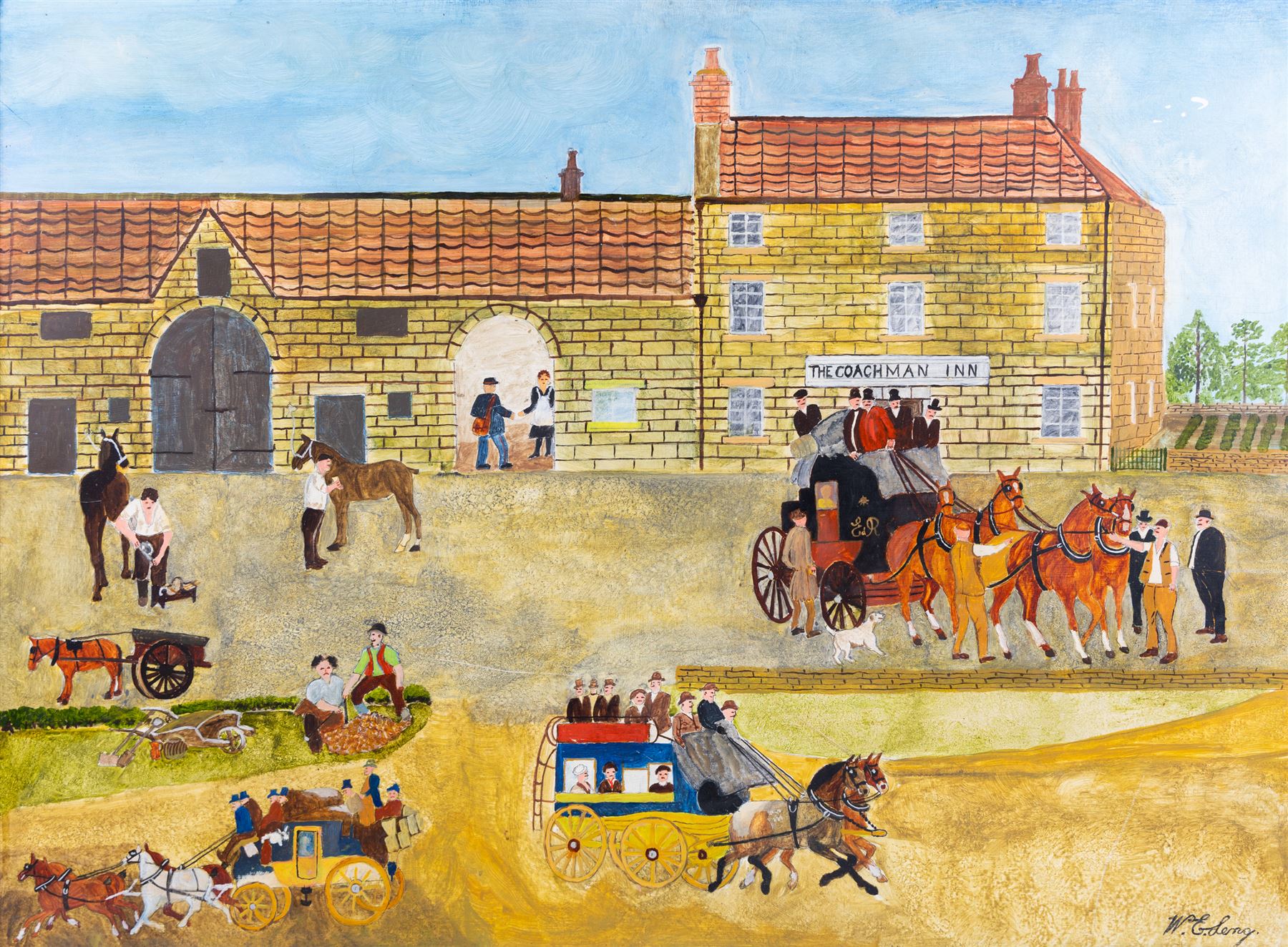 English Naive School (20th Century): The Coachman Inn - Snainton, oil on board indistinctly signed 70cm x 95cm 
