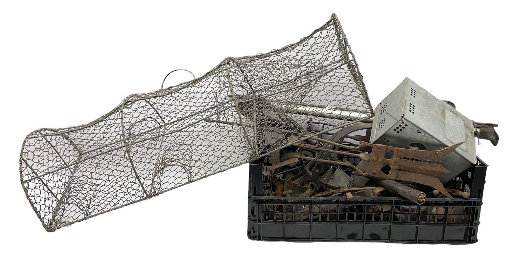 Quantity of animal traps including, gin traps, eel spears, Young's sparrow trap etc, Auctioneer's Note: These traps are sold as artefacts for ornamental purposes only as the use of some of them may be illegal