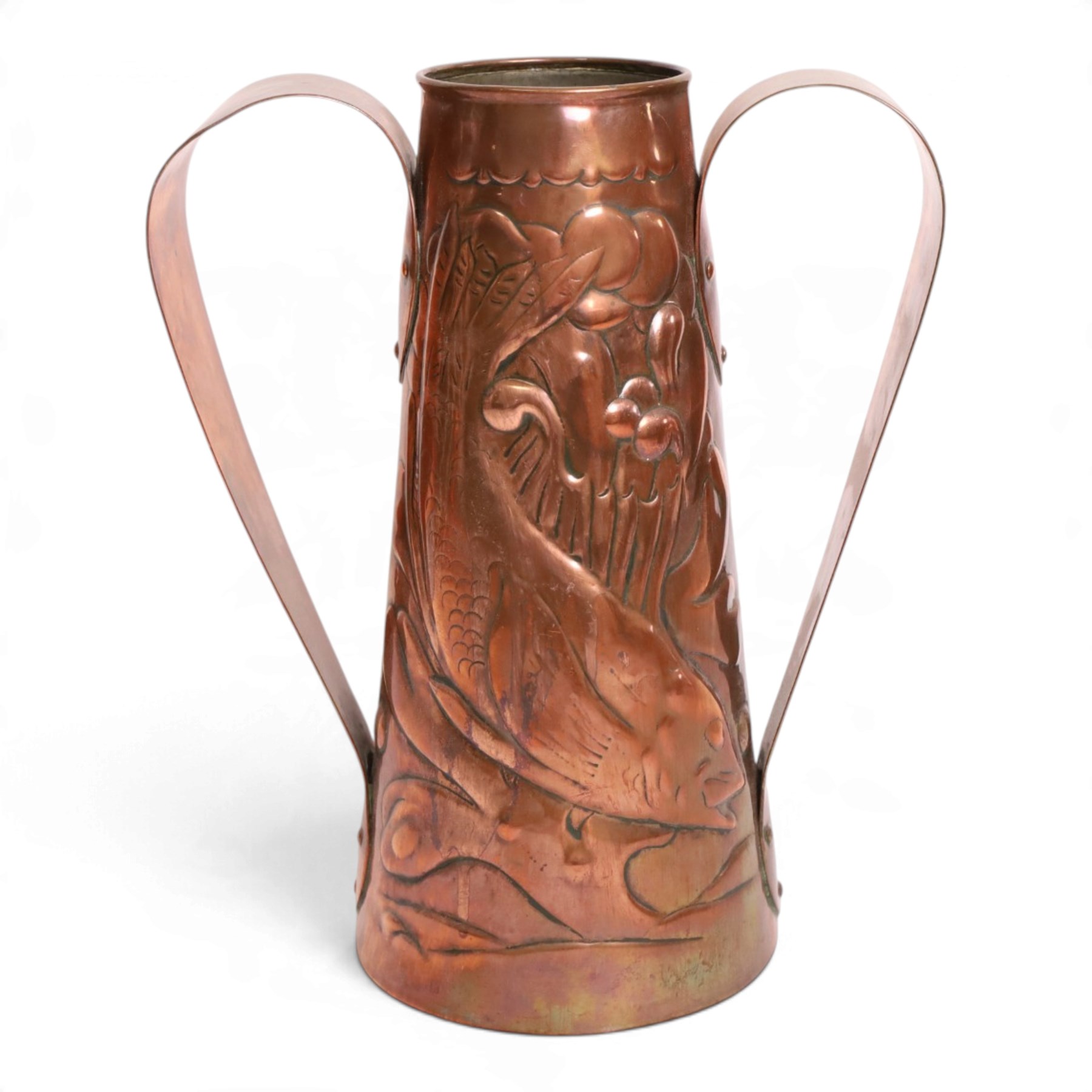 Pair of Newlyn Arts and Crafts copper twin handled vases, ff tapered form, repousse decorated with fish amongst seaweed, one with maker mark beneath, H25cm