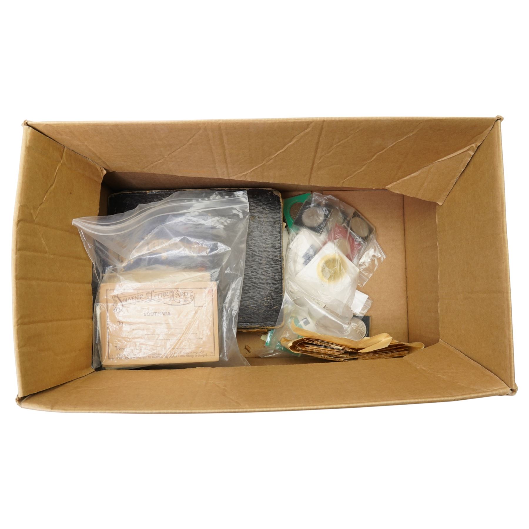 Collection of stamps albums, postcards, commemorative crowns and cigarette silks