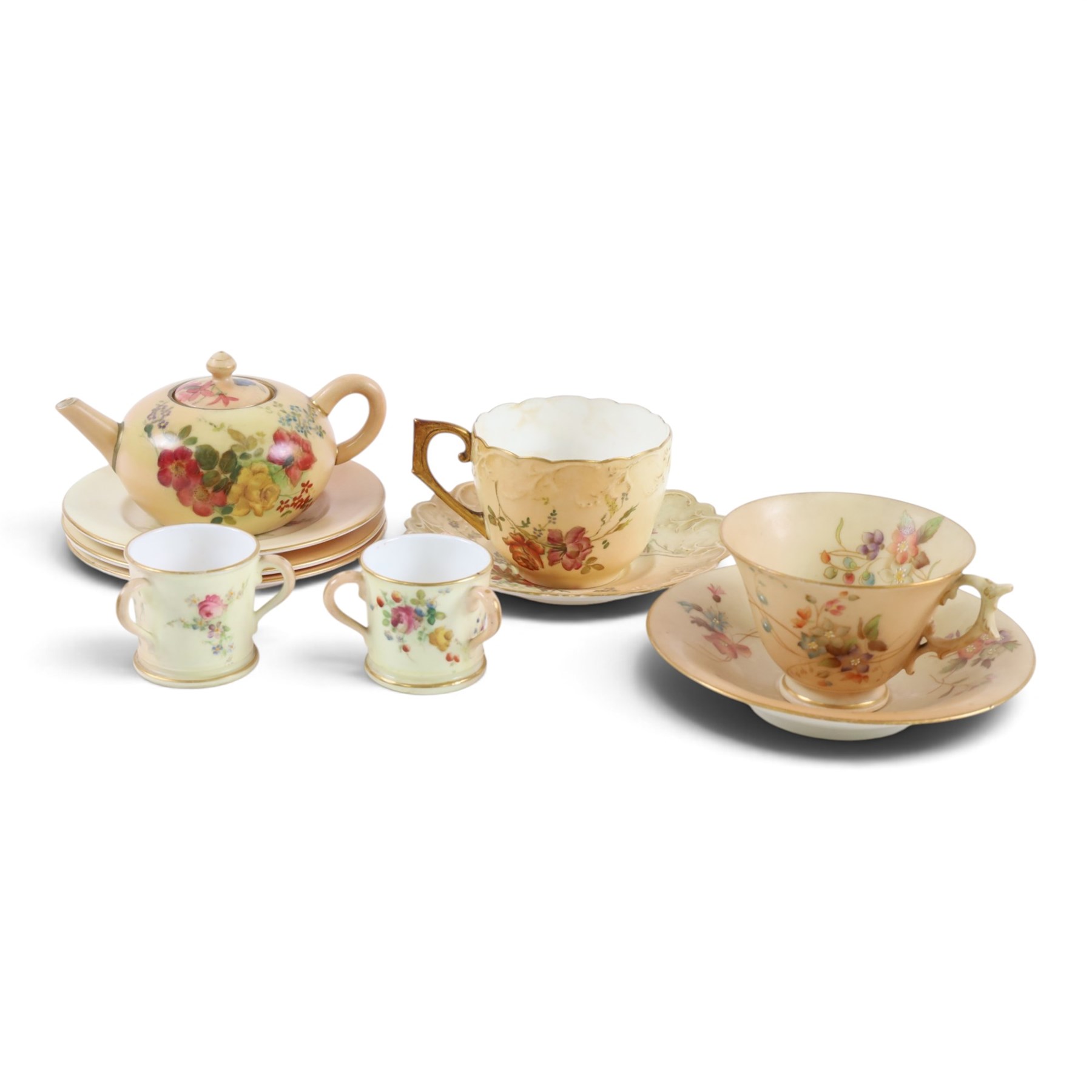 Royal Worcester blush ivory, including miniature teapot, two miniature tygs, two teacups and saucer and three miniature plates, teapot H8cm