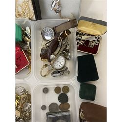 Collection of costume jewellery, including earrings, beaded necklaces, bracelets, wristwatches and boxes 