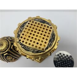 Franklin Mint House of Faberge; The Imperial Jeweled Egg Chess set, the egg opening to reveal a chess board, with a draw to the hexagonal base holding the miniature chess pieces, H23cm 