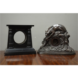  Early 20th century cast metal clock case, cast with panther on naturalistic base, bronze patination (W40cm), and a late 19th century black slate clock case, W31cm  