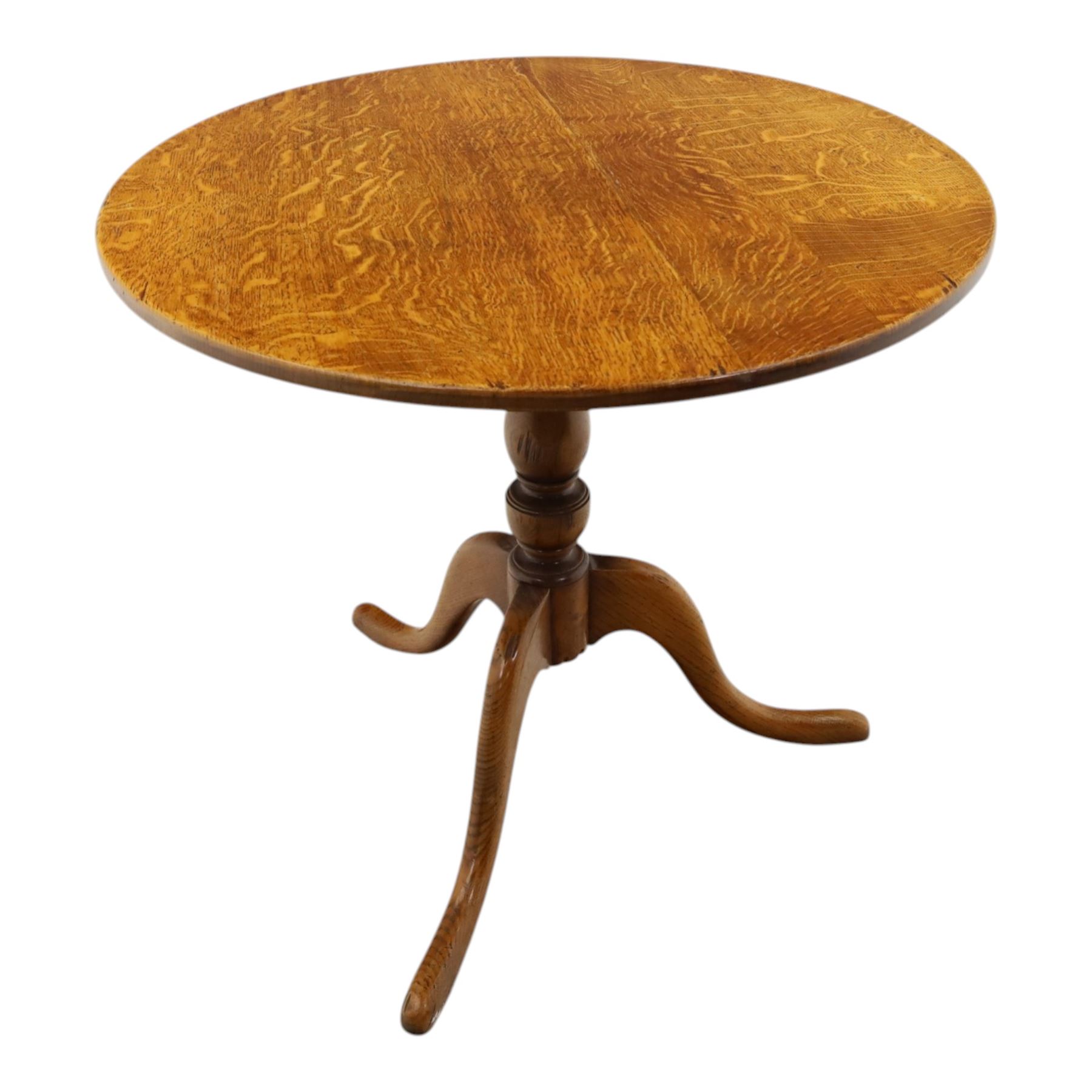 Traditional design golden oak tilt-top tripod table, brass fittings, turned baluster column on splayed supports