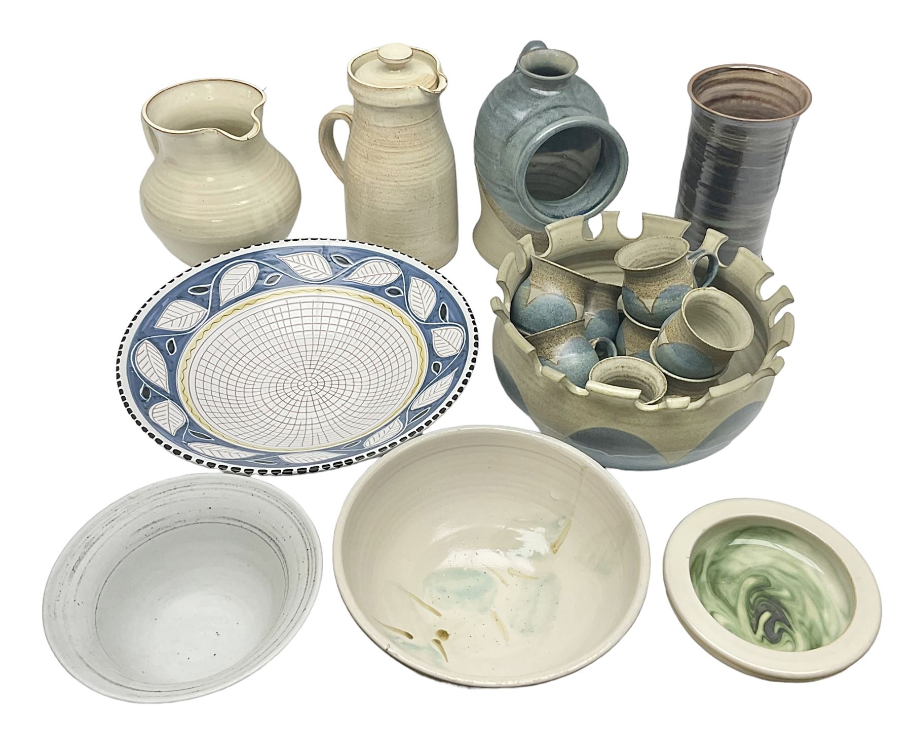 Collection of studio pottery, including Punch set with eight cups, two Paul Murray jugs, dishes, etc 