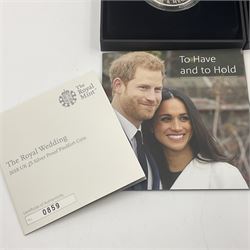 Three The Royal Mint United Kingdom 2018 silver proof piedfort five pound coins, comprising 'The Royal Wedding', 'The 65th Anniversary of the Coronation of Her Majesty The Queen' and 'Remembrance Day', all cased with certificates 