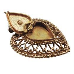 Gold openwork heart pendant with enamel flower locket centre, stamped 14K
