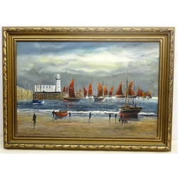 Robert Sheader (British 20th century): The Scarborough Herring Fleet under Moonlight, oil on board signed 50cm x 75cm